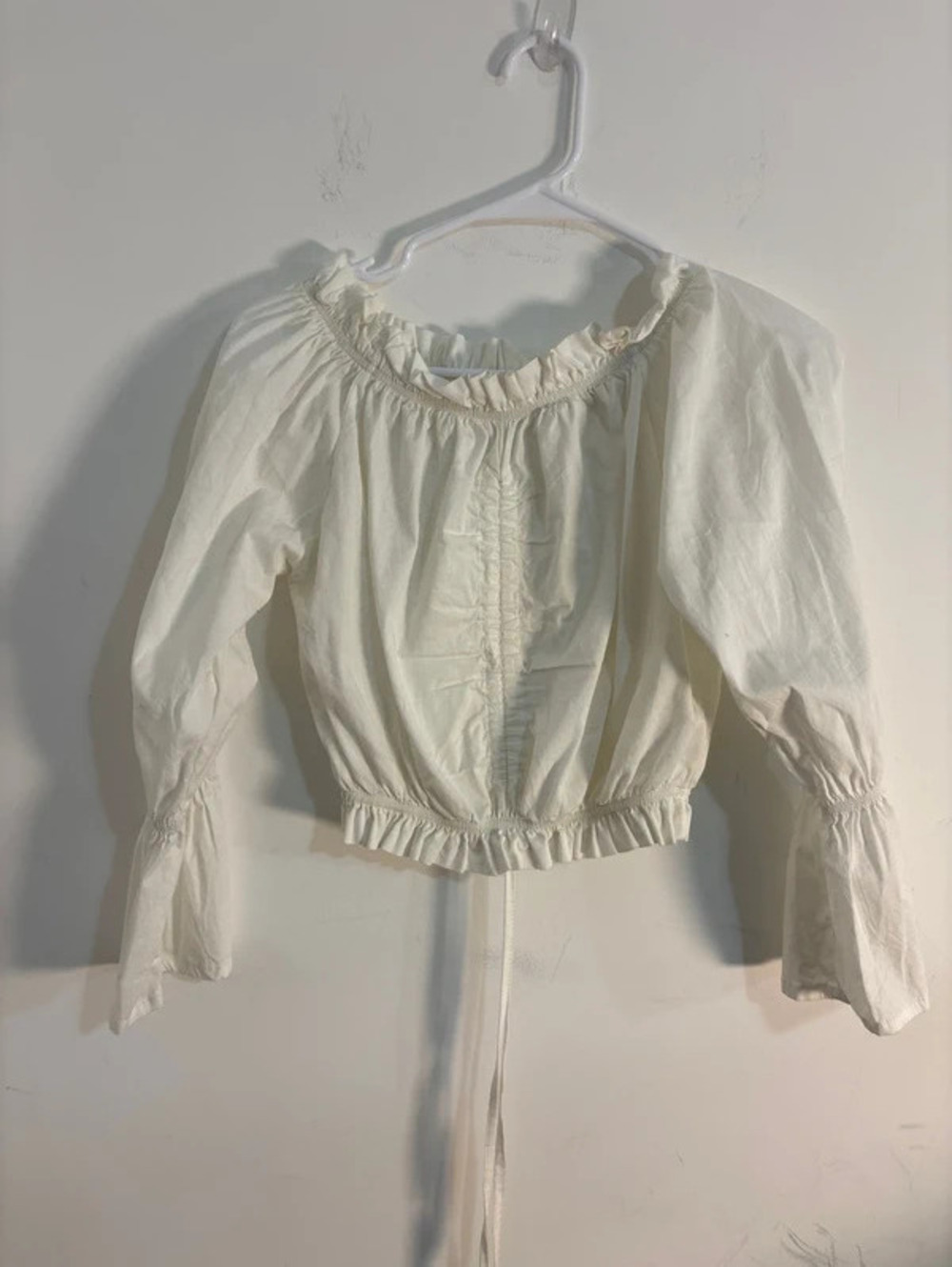 White Off-The-Shoulder Crop Blouse with Bell Sleeves Rouched Cotton Blend